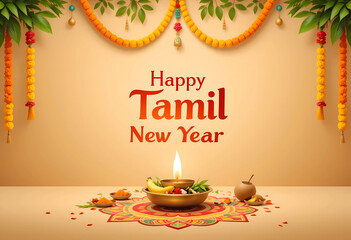  Tamil New Year festive background with  marigold garlands, oil lamp, and colorful rangoli decoration. Created with Generative AI technology.