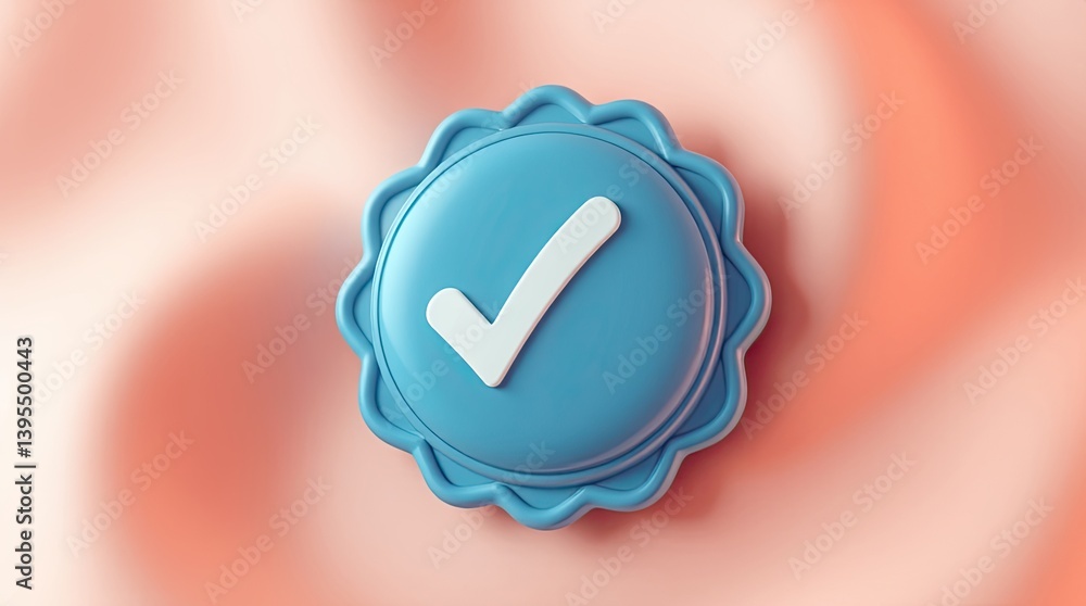 Poster a blue badge with a white check mark displayed on a surface