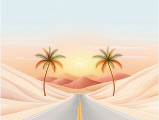 Obraz premium serene desert road lined with palm trees, leading towards muted sunset