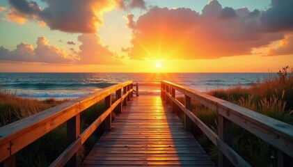 Fototapeta premium Golden sunset, wooden boardwalk leads to ocean, color, background, boardwalk