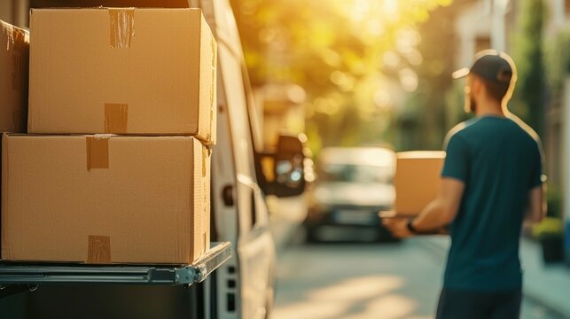 A delivery man carries a package towards a house, ready for a home delivery in the street.