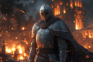 Fototapeta premium A heroic knight in radiant silver armor stands on a glowing crystal bridge leading to a floating castle