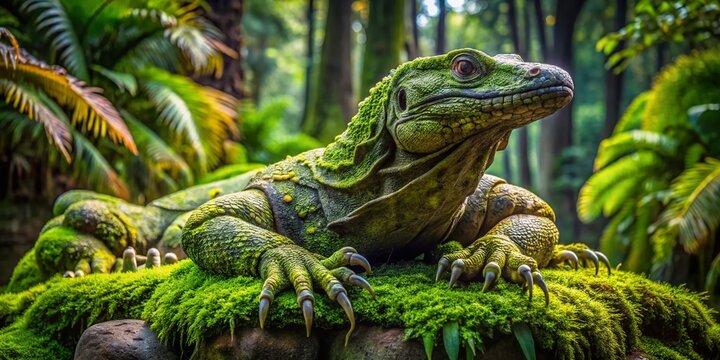 Mossy Komodo Dragon Statue in Bali's Sacred Monkey Forest - Tropical Rainforest Scene