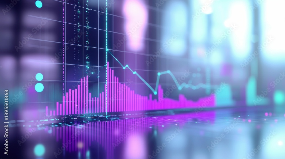 Poster an eye-catching abstract depiction of a financial graph with data showing fluctuations and growth.