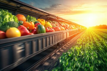 A train transports a variety of fresh vegetables through a sunny field at sunset, a harvest scene.