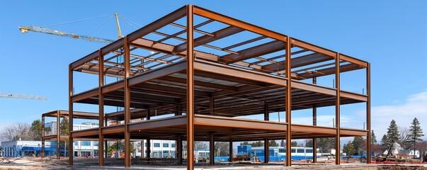 Steel framework rising against a blue sky, cranes visible - drone photography scaffolding