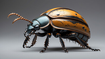 Naklejka premium Striking Detailed Image Of A Black And Orange Beetle On A Grey Background
