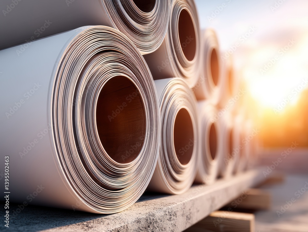 Poster sunlight illuminates a stack of rolled-up architectural blueprints, showcasing the complexity of the