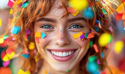 A vibrant redhead with freckles and blue eyes joyfully celebrates amidst a shower of confetti.