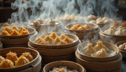 Steaming Dumplings in Bamboo Baskets Freshly Prepared and Ready to Eat