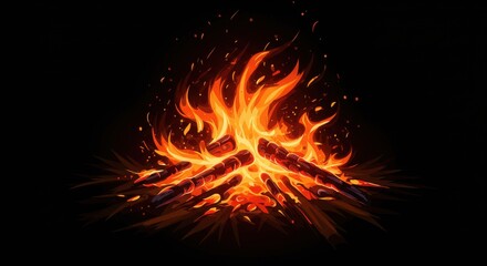 A vibrant campfire crackling with flames, surrounded by dark night, perfect for warmth