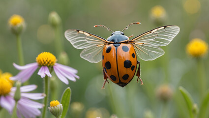 Flying Ladybug With Open Wings Near Flowers In A Natural Garden Setting
