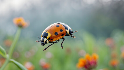 Fototapeta premium Ladybug In Flight Over A Field Of Colorful Zinnia Flowers Macro Shot