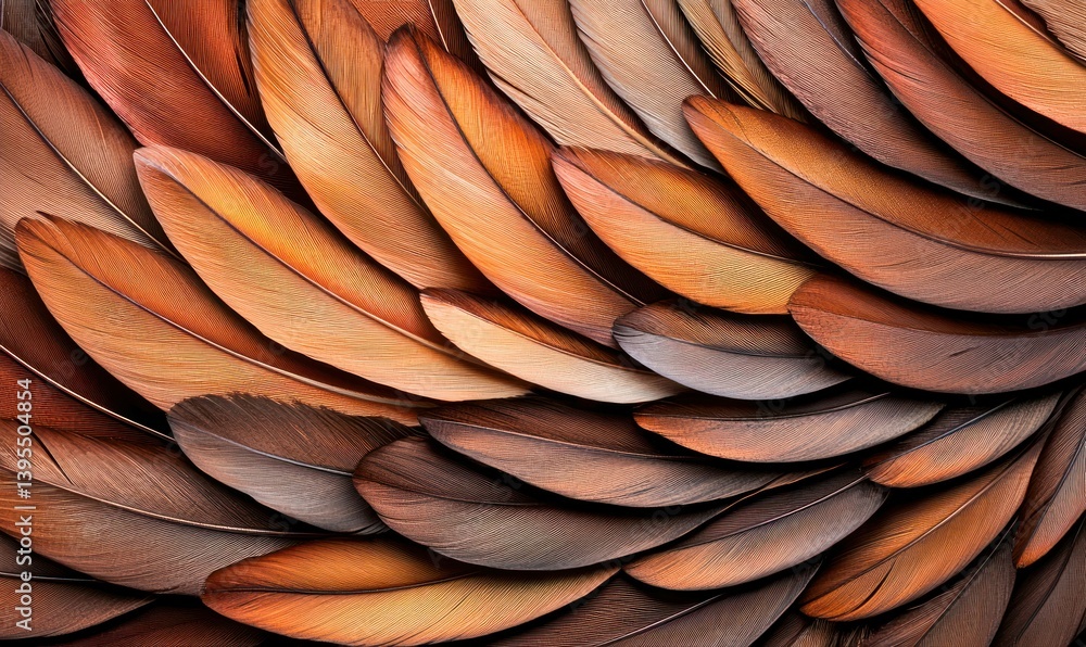 Poster a beautiful macro shot capturing a textured pattern of layered brown and orange feathers.