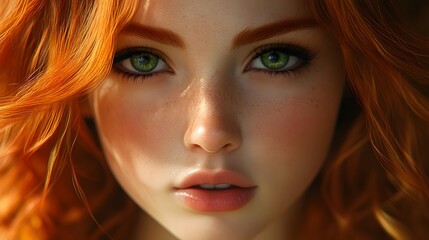 Obraz premium Stunning redhead girl with vivid green eyes and freckles, extreme close-up portrait with soft natural light, high detail facial features and intense gaze