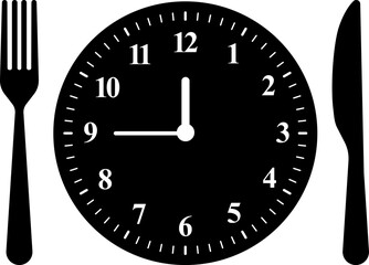 Meal Time Line and Silhouette Icon Set. Dining plate With Clock, Knife And Fork, Restaurant, Culinary, Dining. Time to Eat Concept. Cutlery icon. Spoon, forks, knife. Isolated Vector Illustration