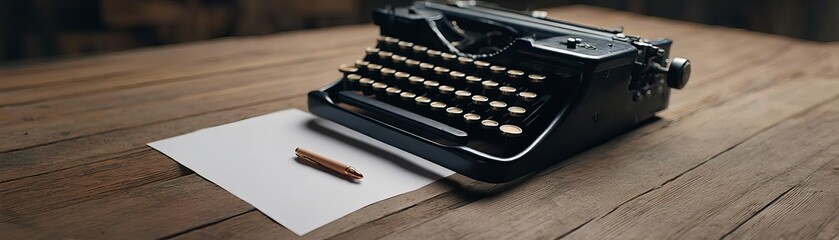 An antique typewriter on a wooden table with a blank sheet of paper, evoking nostalgia.