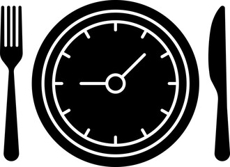 Meal Time Line and Silhouette Icon Set. Dining plate With Clock, Knife And Fork, Restaurant, Culinary, Dining. Time to Eat Concept. Cutlery icon. Spoon, forks, knife. Isolated Vector Illustration