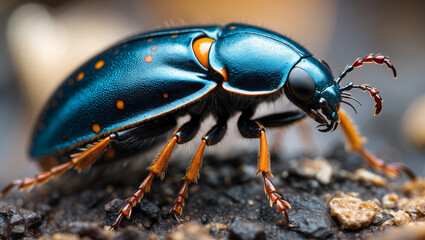 Fototapeta premium Close Up Of Beautifully Detailed Blue And Orange Spotted Beetle Exploring Natural Environment