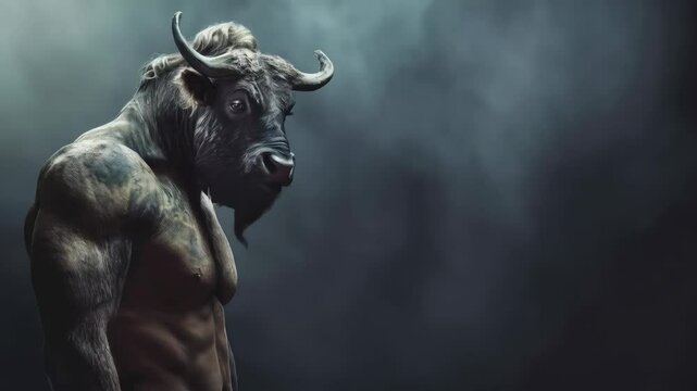 Muscular Minotaur warrior emerging through dense smoke, mythical creature wielding prehistoric strength against shadowy backdrop