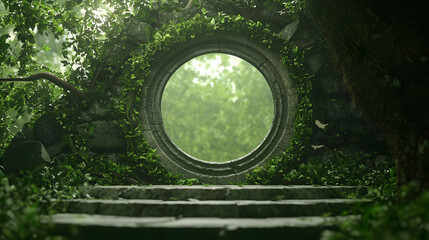 Naklejka premium Enchanted Portal Surrounded by Lush Greenery and Mystical Fog