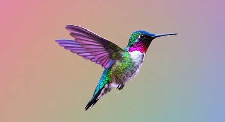 Obraz premium Vibrant hummingbird in mid-flight showcasing colorful feathers against a soft gradient