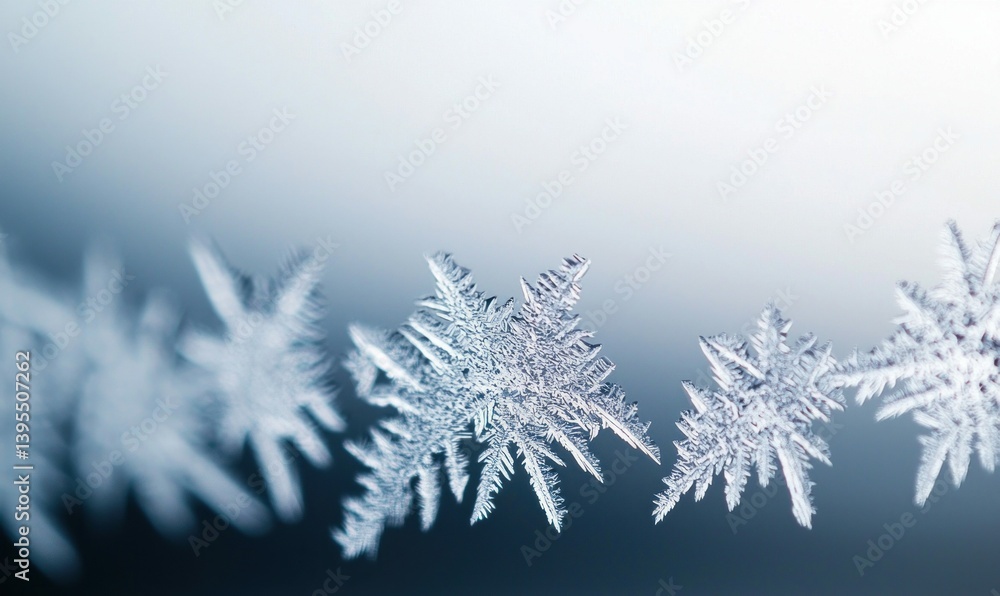 Poster detailed macro view of several delicate snowflakes showing intricate crystalline structures on a gra