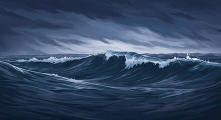 Fototapeta premium Dark, turbulent ocean waves crashing under a stormy sky, evoking a sense of drama