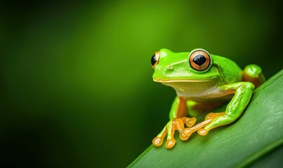 Naklejka premium A brilliant green tree frog with orange eyes rests on a leaf in the lush rainforest.