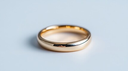 A gold wedding ring resting on a smooth white surface, showcasing its elegant simplicity and polished finish, and close-up composition.