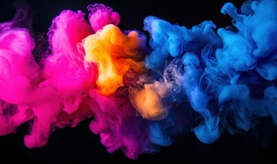 Swirls of vibrant pink, orange, and blue dye mix in a dark liquid creating a beautiful abstract art.