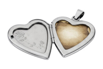 Silver heart locket with rose engraving isolated on white background
