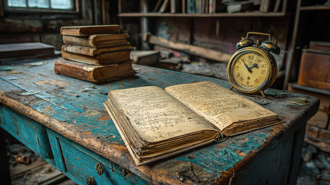 An antique alarm clock rests beside aged books on a weathered teal desk in an abandoned, dusty room filled with forgotten history and the passage of time.