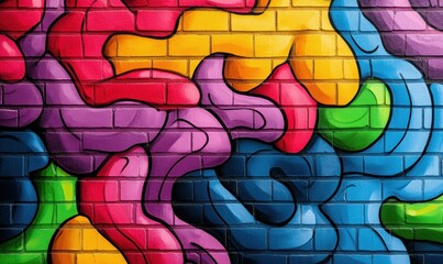Close-up of a colorful graffiti wall with abstract patterns in blue, green, red, and purple hues.
