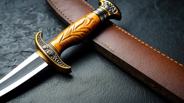 Ornate dagger resting on leather surface, showcasing intricate handle design and blade