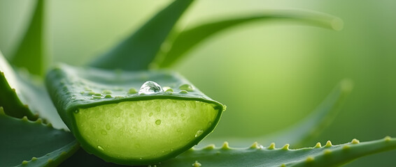 Close-up shot of a cut aloe vera leaf with water droplets on a soft green background. Fresh, natural and vibrant. 