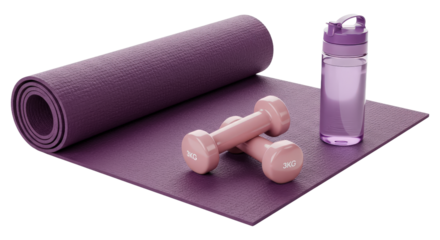 Purple yoga mat with pink dumbbells and water bottle isolated on white background