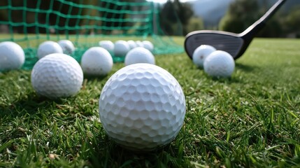 White Golf Balls and Club on Green Grass in Relaxed Practice Setting. Outdoor Sport and Leisure Game.