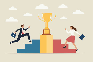Business Professionals Racing To Achieve Success And Claim The Golden Trophy Representing Ambition And Career Goals Illustration Of Goal Achievement