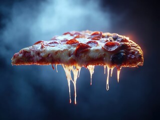 Floating Pizza Slice in Space Surreal Imagery Delicious Cheese Melting Cosmic Environment Eye-catching Perspective