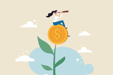 Woman With Telescope Sits Atop Dollar Coin Blossom Future Financial Investments And Business Growth Conceptual Vector Illustration