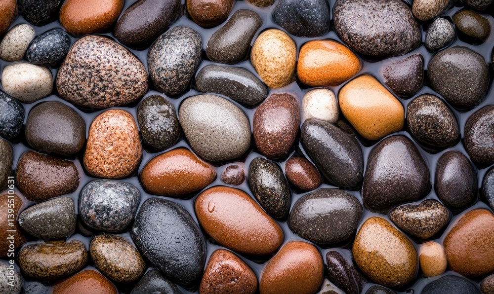 Aufkleber an array of smooth, wet stones creates a textured background in various shapes and earth tones.