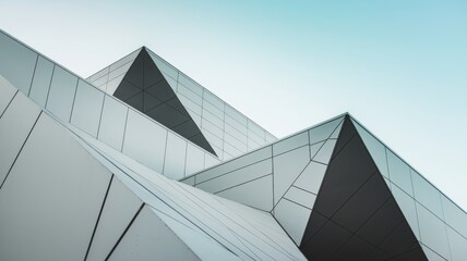 Geometric patterns adorn a modern architectural design, creating a visually striking and complex composition against a soft, gradient sky.