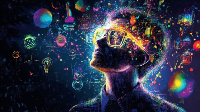 Person wearing glasses looking up with colorful science related objects floating around.