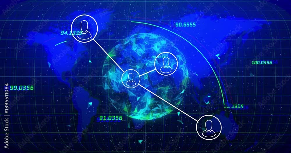 Poster network of connections and data processing animation over digital globe background