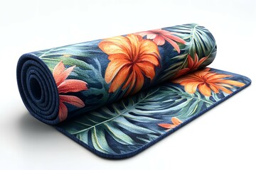 Rolled Exercise Mat with Tropical Floral Pattern on a White Background Closeup