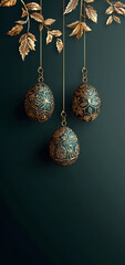 Happy Easter digital artwork with golden decorated eggs on dark floral background, Happy Easter concept
