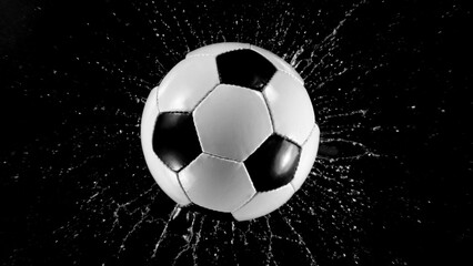 Fototapeta premium Detail of soccer ball with splashing water. Isolated on black background.