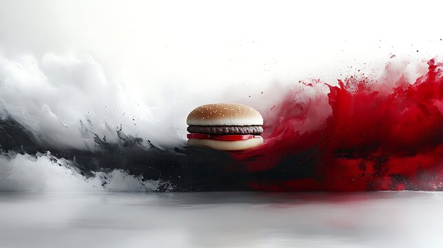 A hamburger amidst a clash of white and red abstract energy.