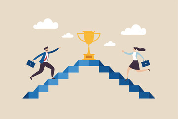 Business People Climb Stairs To Golden Trophy Competition For Success And Achievement Ambition And Strategy Vector Illustration Minimalist Style